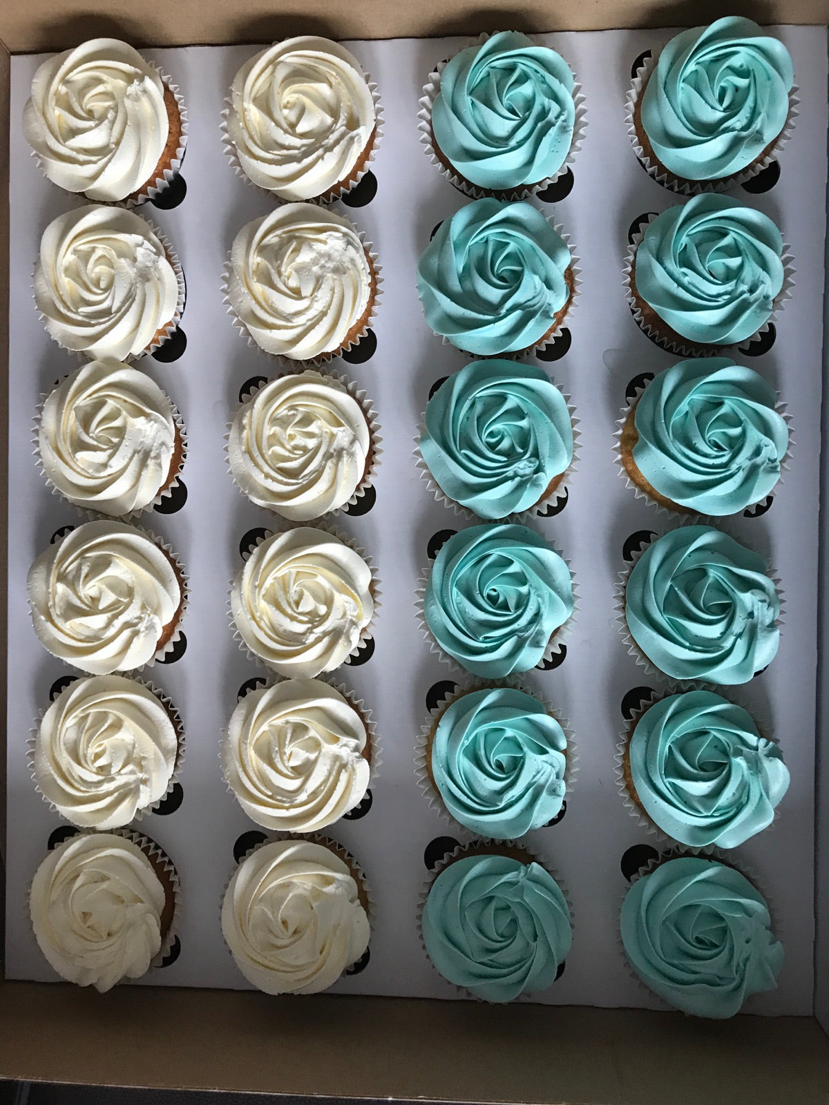 Blue and white frosted cupcake box